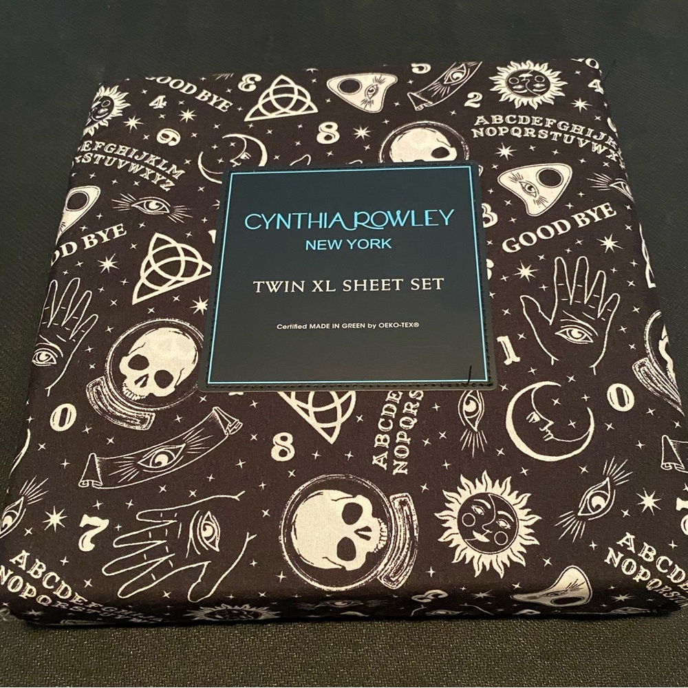 New Cynthia Rowley Black Twin XL Sheet Set Sun Stars Moon Skull Ouija Halloween